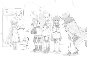 Rule 34 | 1boy, 6+girls, animal ear helmet, animal ears, animal helmet, apron, aru (blue archive), belt, belt pouch, blue archive, boots, bow, chibi, closed eyes, cloud, coat, coat on shoulders, dirty, dirty clothes, dirty face, doodle sensei (blue archive), fake animal ears, flying sweatdrops, gloves, greyscale, hair bow, helmet, high heels, highres, horns, knee pads, leaf, leaf on head, long hair, long sleeves, miyako (blue archive), miyu (blue archive), moe (blue archive), monochrome, multiple girls, musical note, notice lines, open mouth, outdoors, parack, pleated skirt, pouch, puff of air, rabbit ears, raised eyebrows, sailor collar, saki (blue archive), sensei (blue archive), shirt, shoes, short hair, short sleeves, sign, single knee pad, skirt, sneakers, sora (blue archive), spoken musical note, standing, strappy heels, unfinished, very long hair, wings