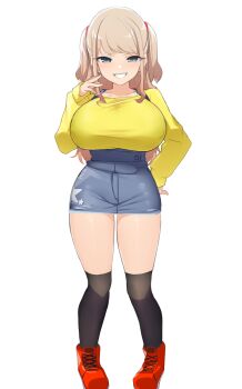 >:) 1girl bebebe_(pepegakii) black_thighhighs blonde_hair blue_eyes breasts denim denim_skirt full_body green_eyes grin hand_on_own_hip high-waist_skirt highres huge_breasts kousaka_airi_(bebebe) long_hair mesugaki miniskirt oppai_loli original red_footwear shirt shortstack simple_background skirt smile smug solo suspenders taut_clothes thighhighs twintails underbust v-shaped_eyebrows white_background yellow_shirt