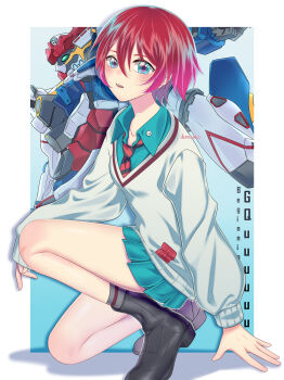 1girl absurdres amate_yuzuriha aqua_shirt aqua_skirt black_shoes blue_eyes collared_shirt copyright_name demusako gquuuuuux grey_socks gundam gundam_gquuuuuux hair_between_eyes highres long_sleeves mecha miniskirt mobile_suit on_one_knee pleated_skirt red_hair robot school_uniform shirt shoes short_hair skirt socks solo sweater white_sweater wing_collar