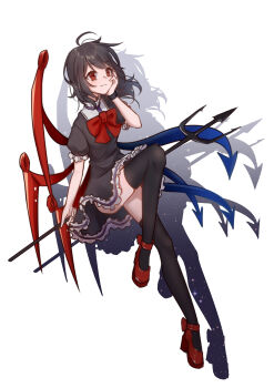 1girl absurdres antenna_hair asymmetrical_wings black_dress black_hair black_thighhighs black_wrist_cuffs blue_wings boots bow chest_bow chinese_commentary collared_dress dress drop_shadow flat_chest floating_hair frilled_dress frilled_sleeves frills hand_on_own_cheek hand_on_own_face high_collar high_heel_boots high_heels highres houjuu_nue long_hair looking_ahead messy_hair murasaki_satori parted_lips red_boots red_bow red_eyes red_wings short_dress short_sleeves simple_background single_wrist_cuff smile solo swept_bangs thighhighs touhou white_background wings wrist_cuffs