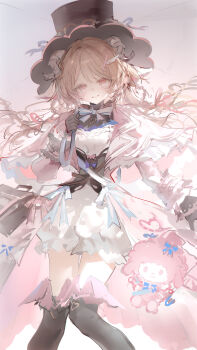 2girls absurdres animal_ears arknights bag black_boots bloomers boots brown_hair commentary dress english_commentary eyjafjalla_(arknights) eyjafjalla_(fluffy_little_witch)_(arknights) feet_out_of_frame hat highres horns knee_boots long_hair looking_at_viewer luozhou_pile multiple_girls my_sweet_piano official_alternate_costume onegai_my_melody pink_background pink_dress pink_eyes sanrio sheep_ears sheep_girl sheep_horns showgirl_skirt simple_background sketch smile top_hat underwear white_background white_bloomers white_dress