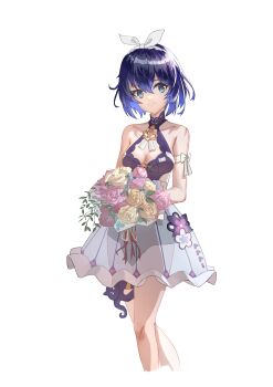 Rule 34 | 1girl, absurdres, blue hair, blue one-piece swimsuit, bouquet, breasts, cleavage, commentary request, flower, hair ribbon, highres, holding, holding bouquet, honkai (series), honkai impact 3rd, medium breasts, one-piece swimsuit, ribbon, seele vollerei, seele vollerei (stygian nymph), seele vollerei (stygian seafoam), short hair, simple background, smile, solo, swimsuit, swimsuit under clothes, white background, white ribbon, xingyun bao (user liu4485)