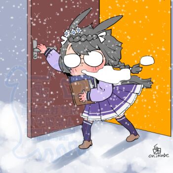 Rule 34 | 1girl, blunt bangs, book, braid, breath, commentary request, crown braid, ear flower, flower, full body, glasses, grey hair, holding, holding book, horse girl, long sleeves, onikobe rin, opaque glasses, open door, open mouth, outdoors, pleated skirt, purple skirt, purple thighhighs, school uniform, short hair, side braid, skirt, snow, snowing, solo, thighhighs, tracen school uniform, umamusume, white flower, winter uniform, zenno rob roy (umamusume)