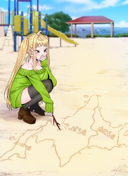 1girl antenna_hair beach black_thighhighs blonde_hair boots branch brown_boots commentary_request day dosanko_gal_wa_namaramenkoi drawing_on_sand full_body fuyuki_minami gazebo green_sweater hair_behind_ear high_heel_boots high_heels highres hokkaido holding holding_branch horizon ikada_kai long_hair long_sleeves map ocean off-shoulder_sweater off_shoulder official_art outdoors playground purple_eyes sand shore sky slide solo squatting sweater thighhighs twintails very_long_hair