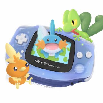 beak bird closed_mouth colored_sclera commentary_request game_boy game_boy_advance game_boy_advance_(original) gen_3_pokemon handheld_game_console highres lily_pad looking_at_viewer mudkip nintendo no_humans open_mouth pocketekcop pokemon pokemon_(creature) pokemon_focus pokemon_rse smile starter_pokemon_trio tail torchic treecko yellow_sclera