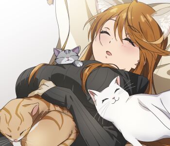 1girl animal animal_ears black_sweater breasts brown_hair cat cat_ears closed_eyes highres idolmaster idolmaster_million_live! katsu_(kana) large_breasts long_hair long_sleeves open_mouth sleeping sleeves_past_wrists solo sweater tokoro_megumi