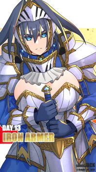 1girl armor armored_dress blue_eyes blue_hair breasts dress highres holding holding_sword holding_weapon hololive hololive_english knight knight_of_jack large_breasts looking_at_viewer ouro_kronii pauldrons short_hair shoulder_armor solo sword virtual_youtuber weapon