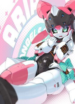 Rule 34 | 1girl, aria (zenless zone zero), arm garter, black sclera, blurry, blurry foreground, bow, character name, colored sclera, commentary request, dotted background, green bow, green eyes, highres, humanoid robot, looking at viewer, open mouth, polka dot, polka dot bow, rati (absoluteblue), robot, robot girl, solo, white background, zenless zone zero
