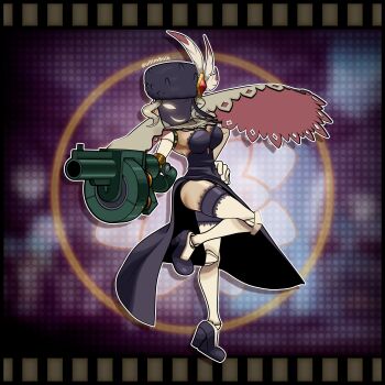 Rule 34 | 1girl, 2026, 3d, absurdres, ammunition, amputee, arm cannon, artist name, black dahlia, blurry, blurry background, breasts, bustier, cape, cleavage, commentary, covered face, covered navel, cyborg, dress, elbow gloves, english commentary, explosive, feather hair ornament, female focus, film strip, full body, fur hat, gloves, grenade, grenade cartridge, grenade launcher, grey hair, gun, hair ornament, hat, high heels, highres, knee up, lace trim, logo, looking at viewer, mask, prosthesis, prosthetic arm, prosthetic leg, pumps, purple background, shawl, skullgirls, smile, solo, standing, standing on one leg, ultim8nik, veil, weapon, white gloves, yellow eyes
