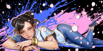 absurdres blue_dress blue_pants bracelet brown_eyes brown_hair capcom china_dress chinese_clothes chun-li closed_mouth double_bun dress hair_bun highres jewelry looking_at_viewer lying on_side oohiro_rin pants pelvic_curtain side_slit street_fighter street_fighter_6