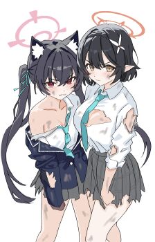 2girls absurdres animal_ears aqua_necktie ayane_(blue_archive) black_hair blazer blue_archive breasts cat_ears closed_mouth commentary_request cowboy_shot dirty dirty_clothes dirty_face flat_color frown halo highres jacket kamitosayu long_hair looking_at_viewer multiple_girls necktie orange_halo partial_commentary pink_halo pointy_ears red_eyes school_uniform serika_(blue_archive) shirt shirt_tucked_in short_hair side-by-side simple_background single_bare_shoulder sketch skirt torn_clothes torn_shirt torn_skirt twintails v-shaped_eyebrows white_background white_shirt yellow_eyes