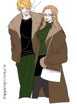 Rule 34 | 1boy, 1girl, black pantyhose, black shirt, black skirt, blonde hair, blush, brown coat, cigarette, closed mouth, coat, commentary request, curly eyebrows, earrings, facial hair, glasses, goatee, green pants, green sweater, hair over one eye, hair slicked back, jewelry, kalifa (one piece), looking at viewer, mike (tomatomato244), one piece, pants, pantyhose, sanji (one piece), shirt, short hair, simple background, skirt, smile, sweater, white background