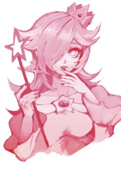 1girl bare_shoulders breasts collarbone crown frills hair_over_one_eye highres holding holding_wand jewelry lips long_hair long_sleeves mario_(series) monochrome nintendo portrait purano7 red_theme rosalina simple_background solo star_(symbol) star_wand super_mario_galaxy teeth wand white_background