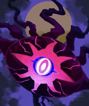 cloud colored_sclera commentary_request darkrai eclipse floating gen_4_pokemon glowing glowing_eye highres legendary_pokemon mega_darkrai mega_pokemon moon mythical_pokemon nintendo one-eyed pink_sclera pokemon pokemon_(creature) pokemon_focus strong_kakikaki tendril whisp