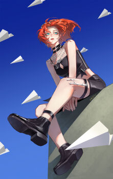 1girl absurdres anklet artist_name bare_arms bare_legs bare_shoulders black_shoes black_shorts black_tube_top blue_sky chinese_commentary clear_sky commentary crop_top earrings face_piercing floating_hair forehead from_below full_body goggles goggles_on_head green_eyes highres jewelry lip_piercing looking_to_the_side maila_moguyu medium_hair mole mole_on_cheek necklace orange_hair outdoors paper_airplane path_to_nowhere pearl_necklace piercing scar scar_on_face scar_on_nose shoes shorts single_strap sitting sitting_on_hand sky solo star_(symbol) star_earrings strapless tube_top zephyr_(path_to_nowhere)