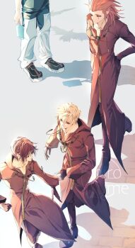 1girl 3boys axel_(kingdom_hearts) bird black_boots black_gloves black_hair black_pants black_robe blonde_hair boots from_above gloves hair_between_eyes hair_slicked_back hand_on_own_hip highres holding_ice hood hood_up hooded_robe ice_cream_bar kingdom_hearts kingdom_hearts_358/2_days long_hair multiple_boys pants red_hair robe roxas shoes short_hair sideburns sneakers spiked_hair srum_su28 xion_(kingdom_hearts)