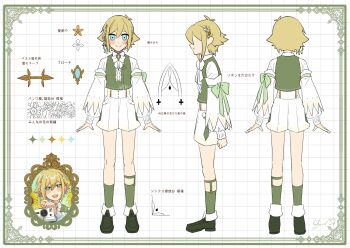 1boy alternate_costume antenna_hair basil_(faraway)_(omori) basil_(omori) blonde_hair blue_eyes blush commentary_request genk1zam4s green_shoes green_socks highres long_sleeves multiple_views omori reference_sheet shoes short_hair shorts smile socks translation_request white_shorts