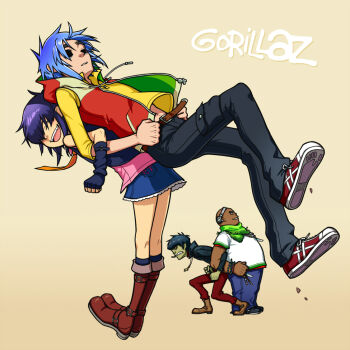 1girl 2d_(gorillaz) 3boys bags_under_eyes bald belt black_eyes black_hair blue_hair boots bracelet character_request child closed_eyes colored_skin cross cross_necklace dark_skin drawstring fingerless_gloves gloves gorillaz green_skin headphones hood hoodie inverted_cross jewelry ko-on_(ningen_zoo) locked_arms multiple_boys murdoc_niccals navel necklace necktie noodle_(gorillaz) open_mouth parted_lips pointy_ears purple_hair russel_hobbs sharp_teeth short_hair simple_background skirt smile standing stuart_pot teeth