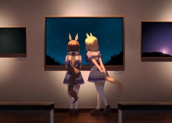 2girls admire_vega_(umamusume) amane_hikari animal_ears arms_behind_back blonde_hair bow brown_hair brown_shoes ear_covers facing_away from_behind full_body hair_bow highres horse_ears horse_girl horse_tail indoors long_hair medium_hair multiple_girls museum narita_top_road_(umamusume) photo_(object) ponytail puffy_short_sleeves puffy_sleeves purple_shirt school_uniform shirt shoes short_sleeves skirt standing star_(sky) summer_uniform tail thighhighs tracen_school_uniform translation_request umamusume very_long_hair white_bow white_skirt white_thighhighs