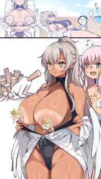 Rule 34 | 1boy, 2girls, absurdres, alternate breast size, anal, anal object insertion, ass, beach, black one-piece swimsuit, blue archive, breasts, censored, censored nipples, chibi, day, doodle sensei (blue archive), flower, hair flower, hair ornament, halo, highres, holding, holding shell, huge breasts, large areolae, long hair, mika (blue archive), mika (swimsuit) (blue archive), multiple girls, muyoshito, nagisa (blue archive), nagisa (swimsuit) (blue archive), novelty censor, nude, object insertion, ocean, official alternate costume, official alternate hairstyle, one-piece swimsuit, outdoors, pink hair, ponytail, sand, scallop, seashell, seia (blue archive), seia (swimsuit) (blue archive), sensei (blue archive), shell, sleeping, sunglasses, surprised, swimsuit, tan, tanline, top-down bottom-up, wide-eyed, wings