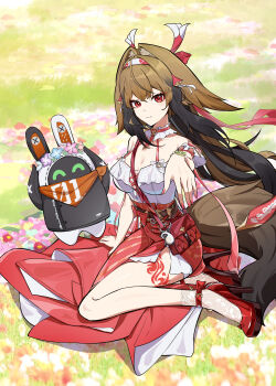 1girl absurdres animal_ear_fluff animal_ears armband bangboo_(zenless_zone_zero) bare_shoulders breasts brown_hair brown_tail cleavage closed_mouth collar collarbone commentary cross-laced_clothes cross-laced_top droopy_ears eous_(zenless_zone_zero) fingernails frilled_armband frilled_collar frilled_shirt frilled_shirt_collar frills gokusaishiki_(1376145360) grass hairband high-waist_skirt high_heels highres lace_socks large_breasts leg_tattoo long_skirt looking_at_viewer multicolored_hairband offering_hand official_alternate_costume outdoors red_bag red_eyes red_hairband red_nails red_shoes red_skirt shirt shoes sitting skirt smile socks tail tattoo white_armband white_hairband white_shirt white_socks ye_shunguang ye_shunguang_(touch_of_dawnlight) yokozuwari zenless_zone_zero