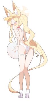 1girl absurdres animal_ear_fluff animal_ears ass back back_cutout ball beachball blonde_hair blue_archive breasts casual_one-piece_swimsuit clothing_cutout fox_ears fox_girl fox_tail from_behind full_body halo hat high_heels highres holding holding_ball holding_beachball long_hair looking_at_viewer looking_back looking_over_eyewear one-piece_swimsuit open_mouth orange-tinted_eyewear s10021 seia_(blue_archive) seia_(swimsuit)_(blue_archive) shoes side_ponytail simple_background small_breasts solo standing sunglasses swimsuit tail thigh_gap thigh_strap tinted_eyewear very_long_hair visor_cap white_background white_one-piece_swimsuit white_shoes yellow-tinted_eyewear yellow_halo yellow_hat yellow_tail