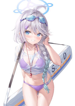 Rule 34 | 1girl, absurdres, ahoge, bikini, bikini under clothes, bikini visible through clothes, blue archive, blue halo, braid, breasts, commentary request, eyewear on head, goggles, goggles on head, halo, hand in own hair, highres, kirino (blue archive), kirino (swimsuit) (blue archive), long hair, looking at viewer, official alternate costume, purple bikini, see-through clothes, see-through shirt, shirt, sideways glance, single braid, solo, swim goggles, swimsuit, wet, wet clothes, wet shirt, whistle, whistle around neck, white background, white hair, white shirt, zi yue liuli
