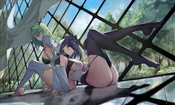 2girls absurdres antlers arm_cutout ass black_gloves black_shorts black_thighhighs blue_eyes blue_hair blunt_bangs breasts ceres_fauna ceres_fauna_(1st_costume) chain chain_headband cleavage clothing_cutout commentary cropped_shirt crossed_bangs detached_sleeves dress feet flower gloves gold_trim green_hair hair_flower hair_intakes hair_ornament highres hololive hololive_english horns kai_(kkai811) knees_up large_breasts leaning_on_person legs_up long_hair long_sleeves looking_at_viewer multiple_girls no_shoes ouro_kronii ouro_kronii_(1st_costume) shirt short_hair shorts sideboob skort stirrup_legwear striped_clothes striped_shirt thighhighs toeless_legwear toes tree tree_horns veil vest virtual_youtuber white_dress white_thighhighs white_veil white_vest wide_sleeves yellow_eyes