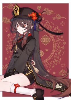1girl between_legs black_hat black_shoes black_shorts blunt_ends blush breasts brown_hair brown_shirt bug butterfly chinese_clothes closed_mouth coattails commentary eyelashes flower flower-shaped_pupils genshin_impact ghost gold_trim hair_between_eyes hand_between_legs hat hat_flower highres hu_tao_(genshin_impact) insect kneehighs loafers long_hair long_sleeves looking_at_viewer plum_blossoms red_background red_eyes red_flower shirt shoes short_shorts shorts sidelocks sitting smile socks solo star_(symbol) sushi_171 symbol-only_commentary symbol-shaped_pupils tassel thighs very_long_hair wariza white_socks