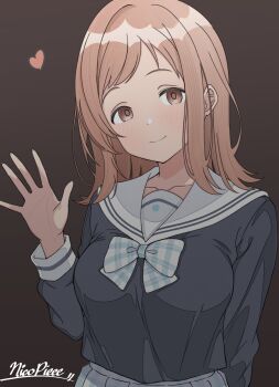 1girl artist_name black_shirt breasts brown_background brown_eyes brown_hair closed_mouth commentary empty_eyes hand_up heart highres idolmaster idolmaster_shiny_colors large_breasts light_blush long_sleeves looking_at_viewer medium_hair nicopieee sailor_collar sakuragi_mano shirt smile solo symbol-only_commentary upper_body waving white_sailor_collar