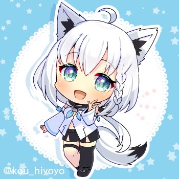 1girl ahoge animal_ear_fluff animal_ears black_shoes black_shorts black_thighhighs blue_background blush braid chibi commentary_request detached_sleeves doily fox_ears fox_girl fox_tail full_body green_eyes hair_between_eyes hand_up head_tilt hololive kou_hiyoyo long_sleeves outline shirakami_fubuki shirakami_fubuki_(1st_costume) shoes shorts single_thighhigh solo standing standing_on_one_leg star_(symbol) tail thighhighs twitter_username virtual_youtuber w white_outline white_sleeves