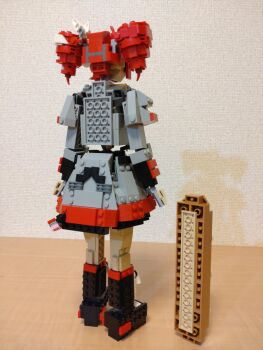 Rule 34 | 1girl, arms at sides, baguette, black boots, boots, bread, choroli (chorolin), drill hair, food, from behind, full body, grey jacket, grey skirt, hair ribbon, highres, jacket, kasane teto, kasane teto (sv), lego (medium), long sleeves, oversized food, oversized object, red hair, ribbon, skirt, solo, standing, synthesizer v, twin drills, unconventional media, utau, white ribbon