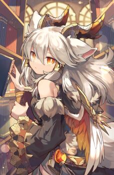 1girl absurdres animal_ears book dragon_horns feathered_wings flapper_shirt fur_trim gradient_wings hair_between_eyes hair_tubes highres horns ilmina_(p&amp;d) kuuron_(moesann17) library multicolored_wings orange_wings puzzle_&amp;_dragons shelf shirt solo spiked_wings white_hair wings yellow_eyes yellow_wings