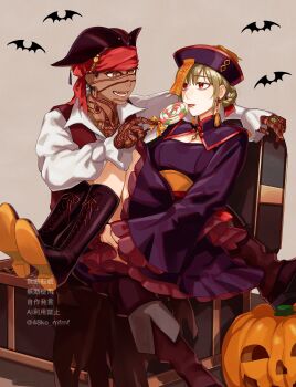 1boy 1girl absurdres angra_mainyu_(fate) balcony black_boots black_dress boots braid braided_hair_rings breasts brown_eyes brown_hair brown_pants candy cleavage commentary_request cross cross_earrings dark-skinned_male dark_skin dress earrings fate/grand_order fate_(series) food frilled_dress frills full-body_tattoo hair_rings hat headband highres holding holding_candy holding_food holding_lollipop hugging_own_legs jack-o'-lantern jewelry jiangshi_costume large_breasts licking lollipop medium_dress oc_x_canon ofuda ofuda_on_head original pants pirate_costume pirate_hat qingdai_guanmao red_eyes red_headband shibakou simple_bat sitting sitting_on_lap sitting_on_person sleeves_past_wrists tattoo treasure_chest twitter_username watermark