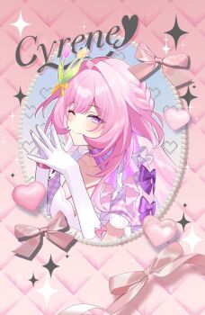 1girl alternate_costume breasts character_name cyrene_(honkai:_star_rail) cyrene_(ripples_of_past_reverie)_(honkai:_star_rail) diamond-shaped_pupils diamond_(shape) dress gloves heart highres honkai:_star_rail honkai_(series) jtsl0 large_breasts long_hair looking_at_viewer own_hands_together pink_background pink_hair purple_eyes solo symbol-shaped_pupils very_long_hair white_dress white_gloves