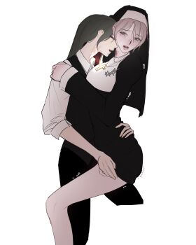 2girls absurdres bite_mark bite_mark_on_neck black_dress black_hair black_pants black_vest blush commentary_request cross cross_necklace dress grey_hair hand_on_another&#039;s_thigh highres jewelry korean_commentary multiple_girls necklace nun nyongg original pants shirt simple_background tears trembling vampire vest white_background white_shirt yuri