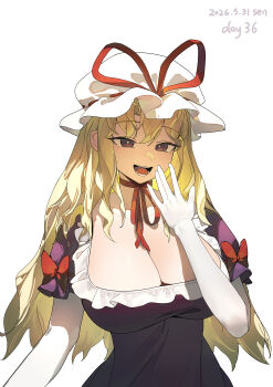 1girl absurdres blonde_hair bow breasts choker cleavage commentary dress elbow_gloves gloves hair_bow hat hat_ribbon highres large_breasts long_hair looking_at_viewer mob_cap open_mouth purple_dress purple_eyes red_ribbon ribbon ribbon_choker short_sleeves simple_background solo touhou upper_body white_background white_gloves white_hat wu_yue_(vuples) yakumo_yukari
