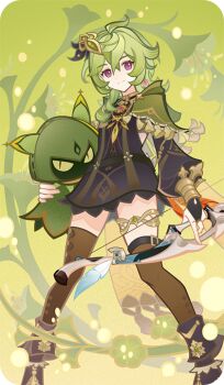 1girl bad_source black_boots black_bridal_gauntlets boots bow_(weapon) bridal_gauntlets brown_thighhighs capelet closed_mouth collei_(genshin_impact) cuilein-anbar_(genshin_impact) earrings genshin_impact green_capelet green_hair hair_between_eyes hair_ornament holding holding_bow_(weapon) holding_weapon jewelry long_hair long_sleeves looking_at_viewer official_art purple_eyes single_earring smile solo standing thighhighs thighlet weapon