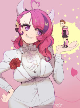 Rule 34 | 1boy, 1girl, ahoge, cdawgva, closed mouth, commentary, cosplay, demon girl, demon horns, demon tail, english commentary, epebe, flower, hand on own hip, heart, heart ahoge, highres, horns, ironmouse, ironmouse (1st costume), ironmouse (cosplay), looking at viewer, pants, parted bangs, pink background, pink hair, purple eyes, purple streaks, red flower, red rose, rose, shirt, smile, tail, trash taste, virtual youtuber, vshojo, white pants, white shirt