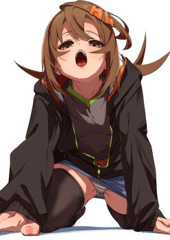 1girl all_fours black_jacket black_shirt black_thighhighs blue_skirt brown_eyes brown_hair commentary_request fu-ta hair_ornament hairclip highres jacket long_sleeves looking_at_viewer open_mouth original panties shirt simple_background skirt solo striped_clothes striped_panties teeth thighhighs thighs underwear upper_teeth_only usami_taiga white_background