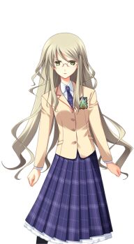 1girl blazer breasts brown_jacket chaos;head collared_shirt constricted_pupils curly_hair dress_shirt game_cg glasses green_eyes green_hair hair_ornament hairpin jacket kusunoki_yua long_hair long_sidelocks long_skirt looking_at_viewer matsuo_yukihiro miniskirt necktie non-web_source official_art open_mouth petticoat plaid_clothes plaid_necktie plaid_skirt purple_necktie round_eyewear school_uniform science_adventure shirt sidelocks skirt small_breasts solo sprite suimei_academy_school_uniform transparent_background very_long_hair white_shirt winter_uniform yandere