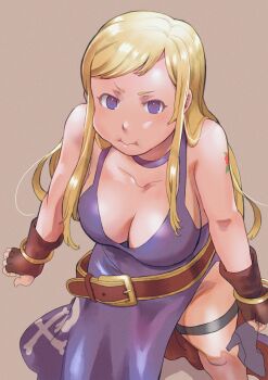 Rule 34 | 1girl, arm tattoo, b. jenet, belt, blonde hair, blue eyes, bracelet, breasts, choker, cleavage, collarbone, dress, fatal fury, fingerless gloves, garou: mark of the wolves, gloves, gold bracelet, high heels, holding, holding shoes, holding unworn clothes, katoramann, large breasts, long hair, looking at viewer, pout, purple dress, rose tattoo, shoes, snk, solo, tattoo, thigh strap, unworn shoes