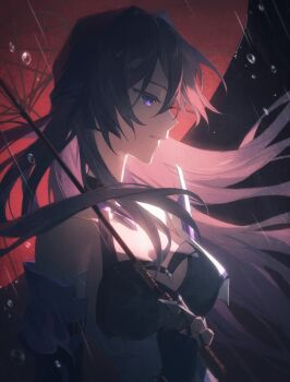 1girl acheron_(honkai:_star_rail) choker commentary_request crop_top from_side gloves highres honkai:_star_rail honkai_(series) jacket long_hair oil-paper_umbrella open_clothes open_jacket parted_lips purple_eyes purple_hair rain single_bare_shoulder solo tcuas umbrella upper_body very_long_hair water_drop