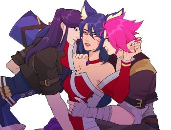 2xko 3girls ahri_(league_of_legends) animal_ears bandaged_arm bandages blue_dress blue_eyes blue_hair blue_hat brown_jacket brown_pants caitlyn_(league_of_legends) commentary dress english_commentary eyeshadow face_piercing facial_mark fox_ears fox_girl hand_on_another's_shoulder hand_on_another's_waist hat highres holding holding_unworn_clothes holding_unworn_hat jacket japanese_clothes kimono league_of_legends lip_piercing long_hair makeup multiple_girls pants piercing pink_hair ponytail purple_hair red_eyeshadow red_kimono reimanticism short_hair unworn_hat unworn_headwear vi_(league_of_legends) white_background yellow_eyes yuri