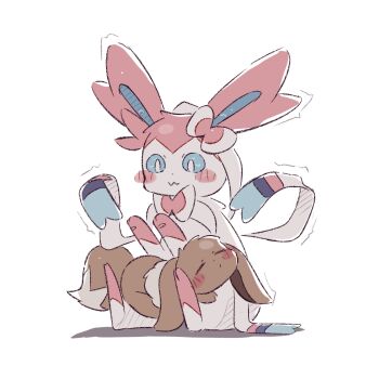 animal_focus blue_eyes blue_sclera blush bow brown_fur closed_eyes closed_mouth colored_sclera eevee full_body gen_1_pokemon gen_6_pokemon highres holding holding_pokemon nintendo no_humans pink_fur pokemon pokemon_(creature) pokemon_focus ramuawa ribbon simple_background sylveon tail two-tone_fur white_background white_fur