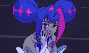 1girl ari_vsart bare_shoulders blood blood_on_face blue_blood blue_eyes blue_hair colored_inner_hair colored_skin derivative_work double_bun dress eyelashes eyeshadow fingernails grey_skin hair_bun hair_intakes highres knights_of_guinevere lips makeup multicolored_hair nail_polish perfect_blue pink_nails princess_guinevere screenshot_redraw smile solo white_dress