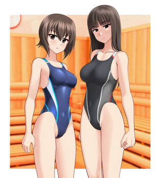 2girls absurdres black_eyes black_one-piece_swimsuit blue_one-piece_swimsuit blunt_bangs breasts brown_eyes brown_hair commentary_request competition_swimsuit covered_navel cowboy_shot girls_und_panzer highleg highleg_one-piece_swimsuit highres indoors large_variant_set long_hair mature_female medium_breasts mother_and_daughter multicolored_swimsuit multiple_girls nishizumi_maho nishizumi_shiho one-piece_swimsuit sauna short_hair swimsuit takafumi variant_set