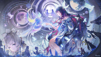 2girls absurdres animal ankle_ribbon bird black_hair blue_eyes brown_hair closed_eyes closed_mouth collarbone columbina_(genshin_impact) commentary_request dove dress feathered_wings full_moon genshin_impact gradient_hair hair_ribbon head_wings highres leg_ribbon long_sidelocks lumine_(genshin_impact) luonnotar_(genshin_impact) minamo_(edosei_edo) moon multicolored_hair multiple_girls multiple_wings paimon_(genshin_impact) pink_hair ribbon sandrone_(genshin_impact) sidelocks smile white_dress white_ribbon white_wings wings wrist_ribbon