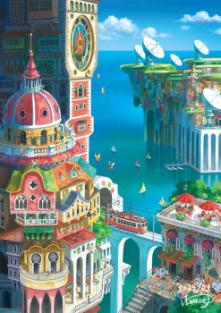 6+boys 6+girls aircraft architecture artist_name balcony bird blue_sky boat bridge building city cityscape cloud day dock fantasy flag flying horizon house multiple_boys multiple_girls ocean original outdoors railing scenery ship signature sky stairs statue tower town train umbrella water watercraft waterfall windmill window yukoiwase