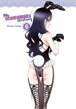 1girl absurdres animal_ear_hairband animal_ears artist_name ass bare_shoulders black_gloves black_hair black_leotard black_thighhighs blue_eyes copyright_name cosplay fake_animal_ears fake_tail frilled_leotard frills from_behind fukuda_shinichi gloves hairband highleg highleg_leotard highres izayoi_arisa izayoi_arisa_(cosplay) kitagawa_marin leotard long_hair official_art playboy_bunny rabbit_tail simple_background solo sono_bisque_doll_wa_koi_wo_suru tail thighhighs white_background